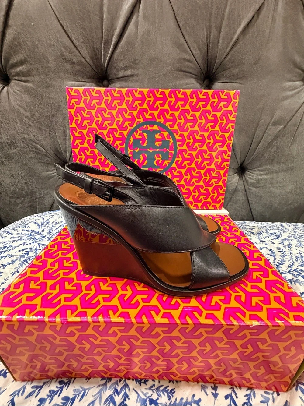 Tory Burch Black Leather Slingback Wedge Sandals
